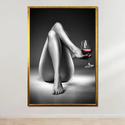 Nude woman wine glass canvas painting black and white poster